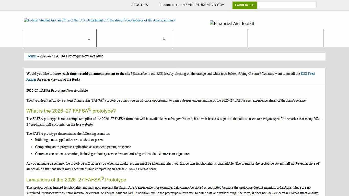 2026–27 FAFSA Prototype Now Available Federal Student Aid - Financial Aid Toolkit